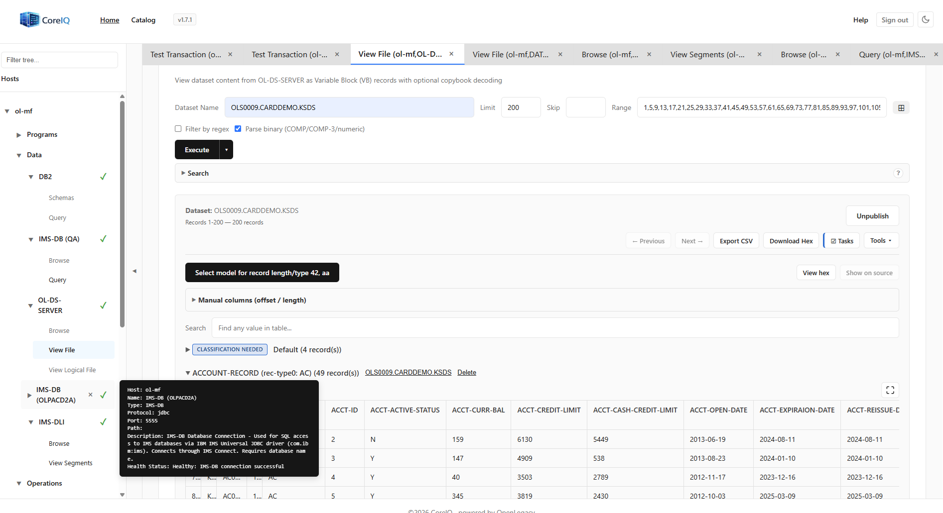 OL CoreIQ dataset workbench