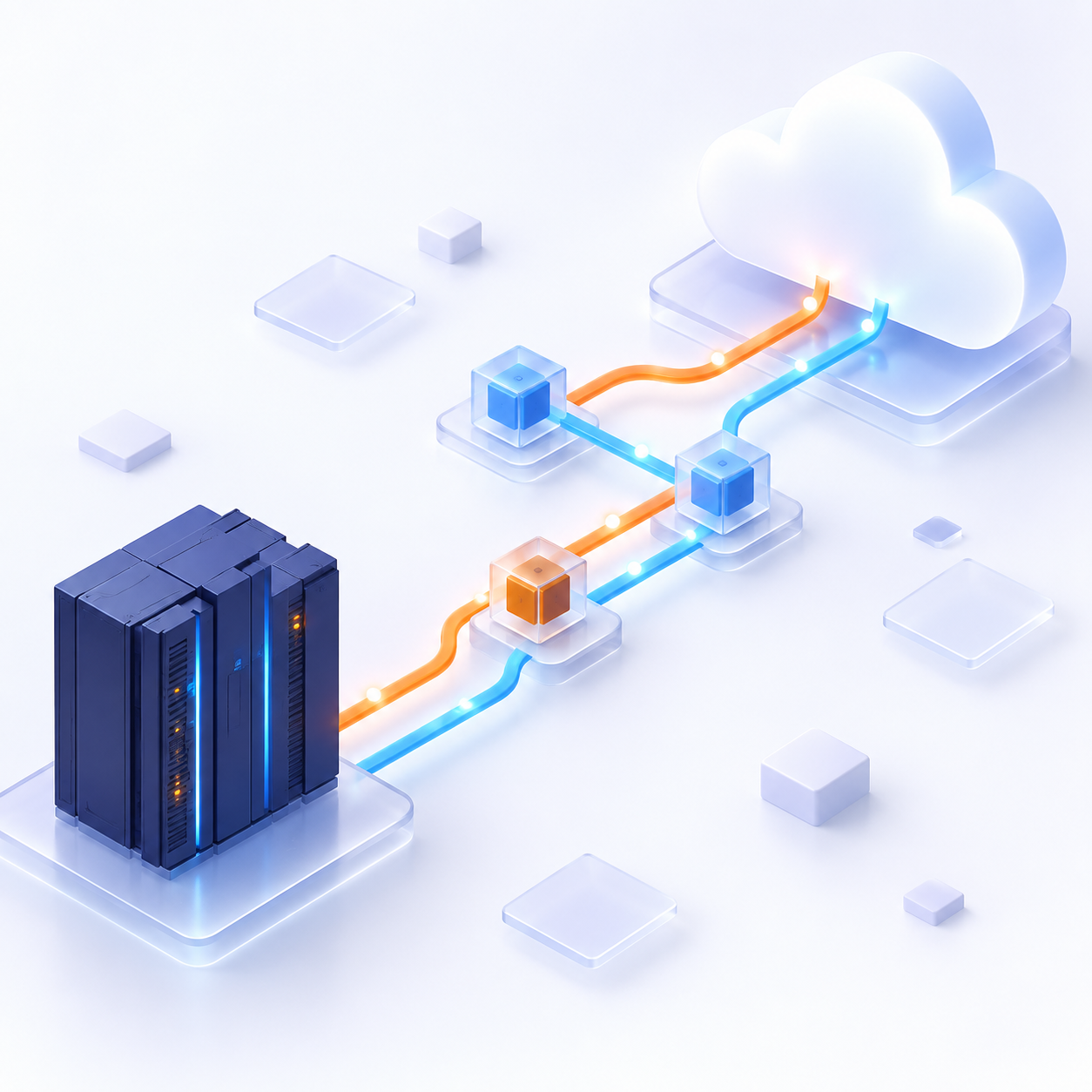 An indigo mainframe connected through modular building blocks to a cloud by orange and blue pathways.